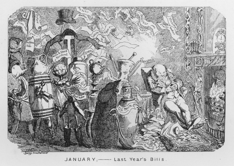január, tavalyi számlák (metszet) alkotó: George Cruikshank