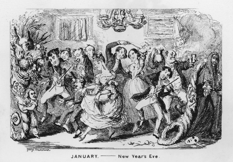 január, szilveszter (metszet) alkotó: George Cruikshank