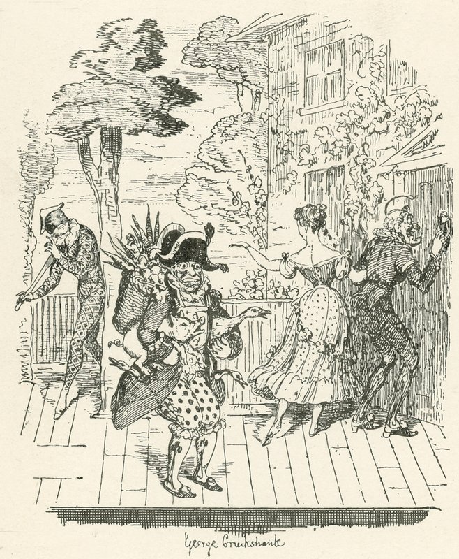 Joseph Grimaldi a Harlequinádban alkotó: George Cruikshank