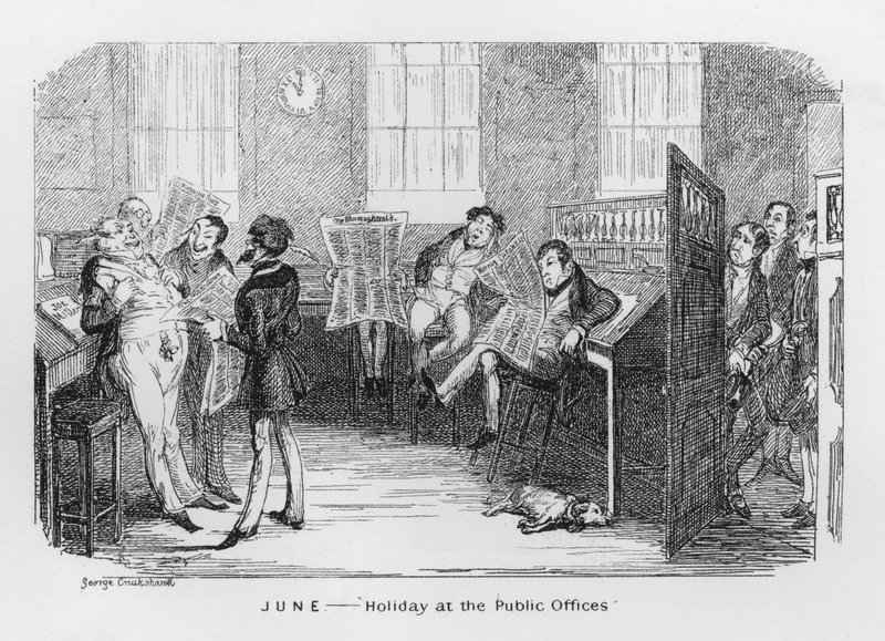 Június, ünnep a közhivatalokban (metszet) alkotó: George Cruikshank
