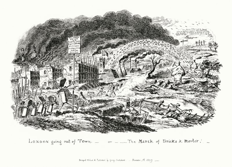 London Going Out of Town, avagy a tégla és habarcs márciusa (metszet) alkotó: George Cruikshank
