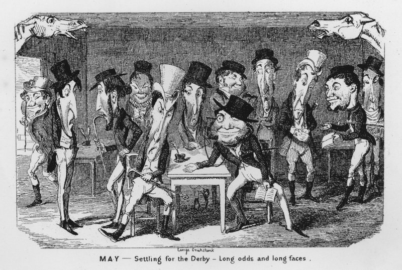 Május, rendezés a Derbyvel, Hosszú esélyek és hosszú arcok (metszet) alkotó: George Cruikshank