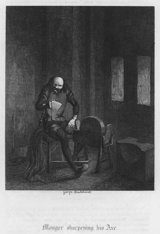 Monger élesíti a fejszéjét (metszet) alkotó: George Cruikshank