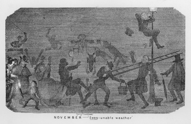 November, Láthatatlan időjárás, azaz londoni szmog (metszet) alkotó: George Cruikshank
