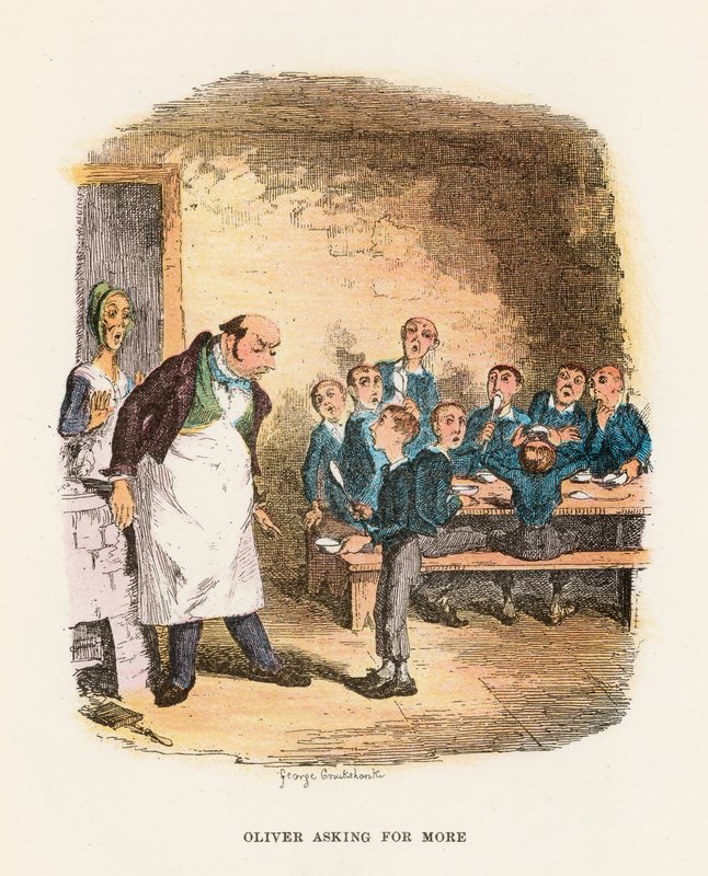 Oliver Asking for More, illusztráció az „Oliver Twist”-hez, Charles Dickenstől alkotó: George Cruikshank