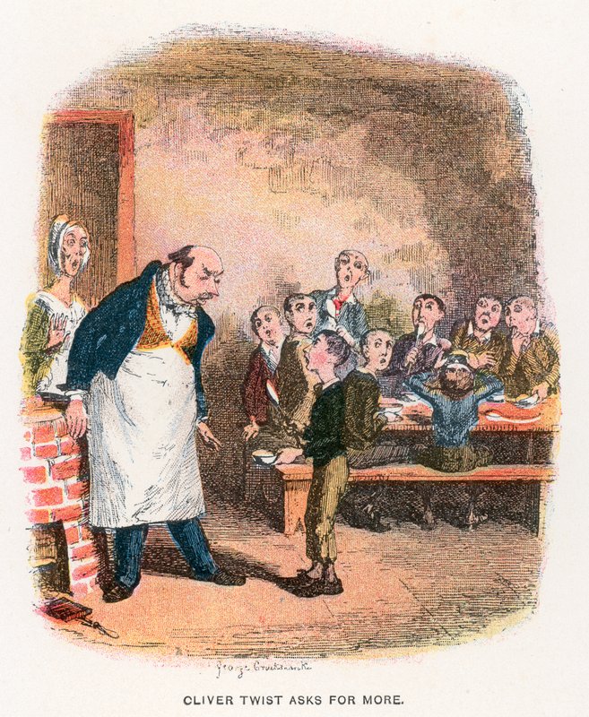 Oliver Asking for More, illusztráció az „Oliver Twist”-hez, Charles Dickenstől alkotó: George Cruikshank