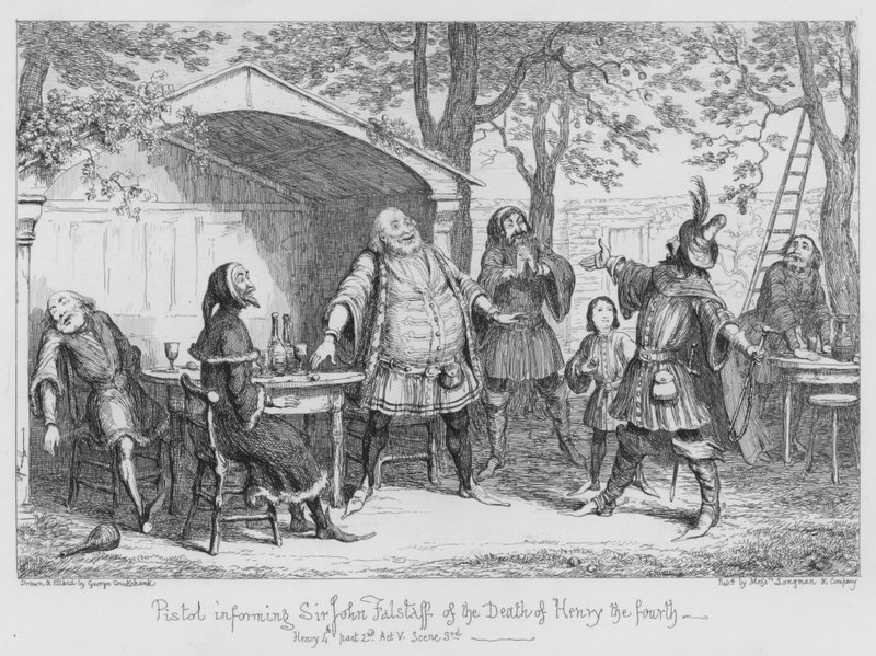 Pisztoly, amely Sir John Falstaffot értesíti Henry negyedik haláláról alkotó: George Cruikshank