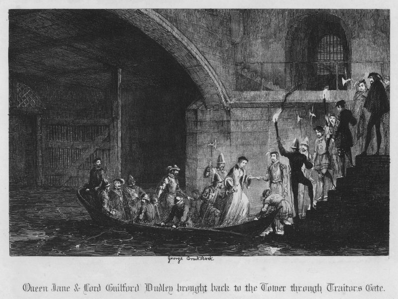 Queen Jane és Lord Guilford Dudley visszahozták a toronyba a Traitors Gate-en keresztül (metszet) alkotó: George Cruikshank