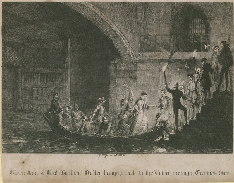 Queen Jane és Lord Guilford Dudley visszahozták a toronyba a Traitors Gate-en keresztül alkotó: George Cruikshank