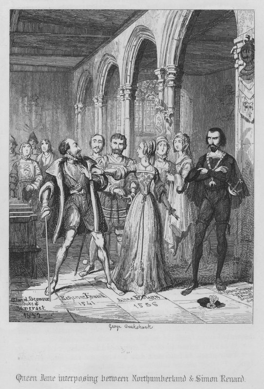 Jane királynő közbelép Northumberland és Simon Renard között (metszet) alkotó: George Cruikshank
