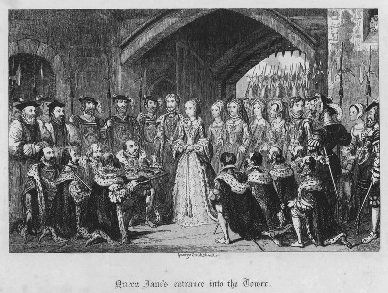 Jane királynő bejárata a toronyba (metszet) alkotó: George Cruikshank