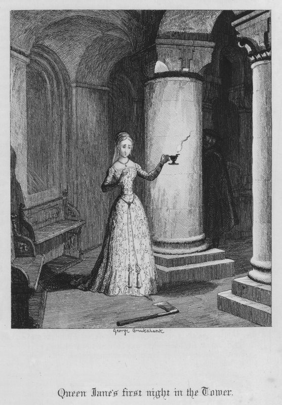 Jane királynő első éjszakája a toronyban (metszet) alkotó: George Cruikshank