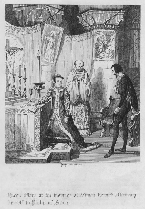 Mária királynő Simon Renard spanyol Fülöphöz kötődő példájában (metszet) alkotó: George Cruikshank