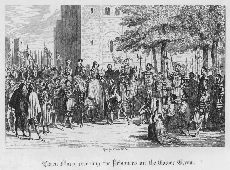 Mária királynő fogadja a rabokat a Tower Greenen (metszet) alkotó: George Cruikshank