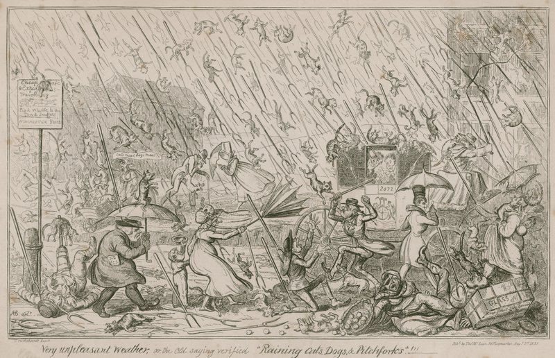 Eső macskák, kutyák és vasvillák alkotó: George Cruikshank
