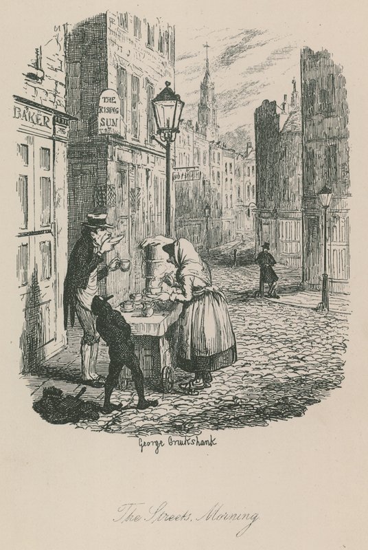 A londoni élet színtere: Az utcák – reggel alkotó: George Cruikshank