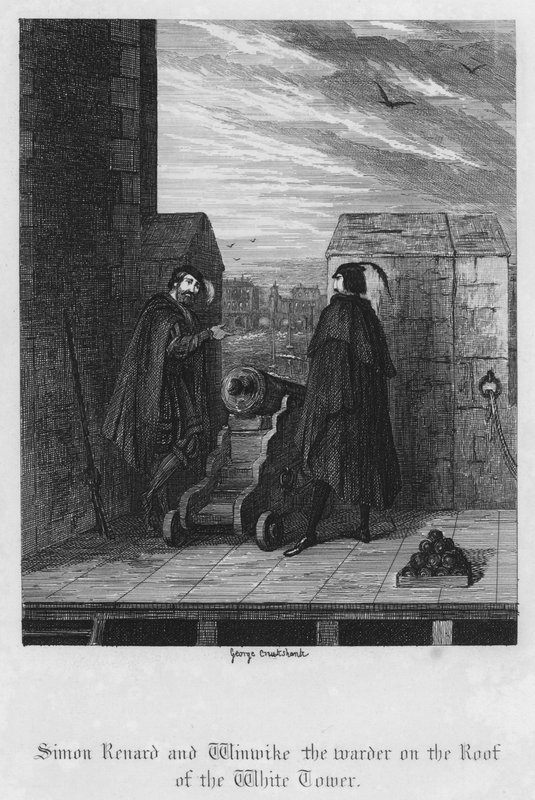 Simon Renard és Winwike, az őr a Fehér torony tetején (metszet) alkotó: George Cruikshank