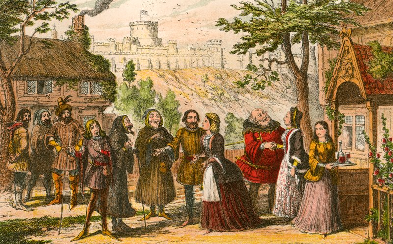 Sir John Falstaff meglátogatja barátját, Page-t Windsorban alkotó: George Cruikshank