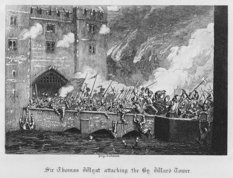 Sir Thomas Wyatt megtámadja a Byward tornyot (metszet) alkotó: George Cruikshank