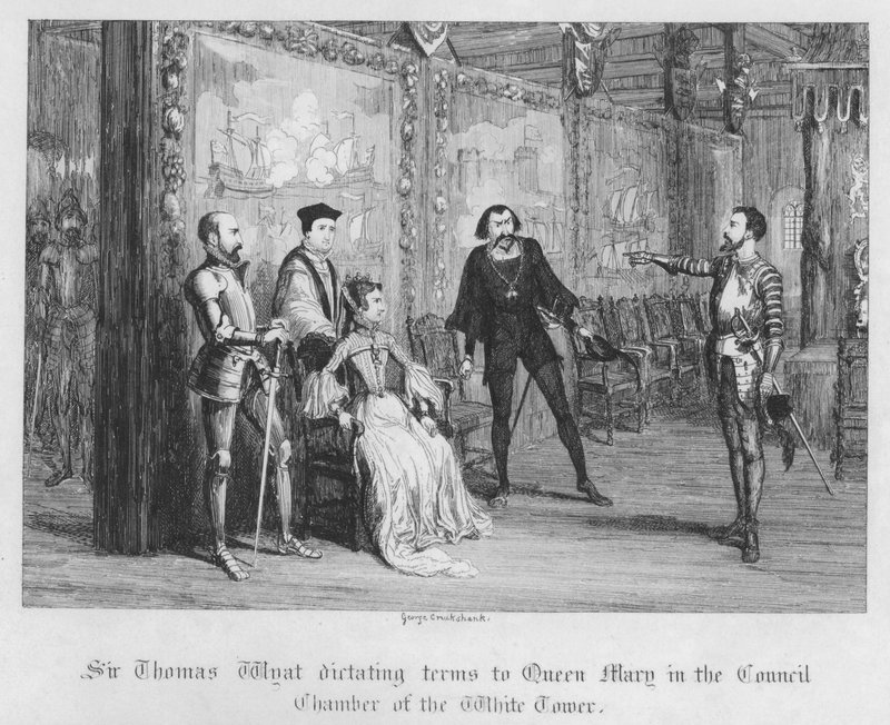 Sir Thomas Wyatt feltételeket diktál Mária királynőnek a Fehér torony tanácstermében (metszet) alkotó: George Cruikshank