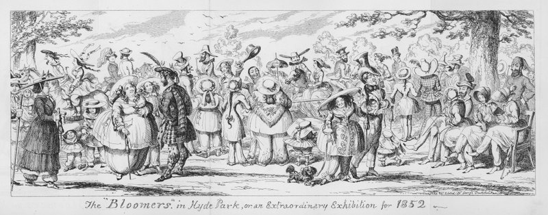A „Bloomers” a Hyde Parkban, avagy egy rendkívüli kiállítás 1852-ből (metszet) alkotó: George Cruikshank