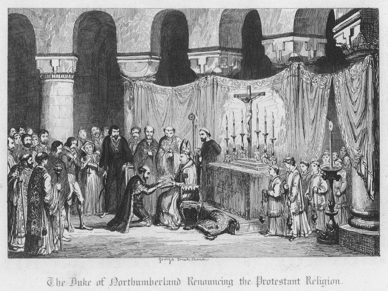 Northumberland hercege lemond a protestáns vallásról (metszet) alkotó: George Cruikshank