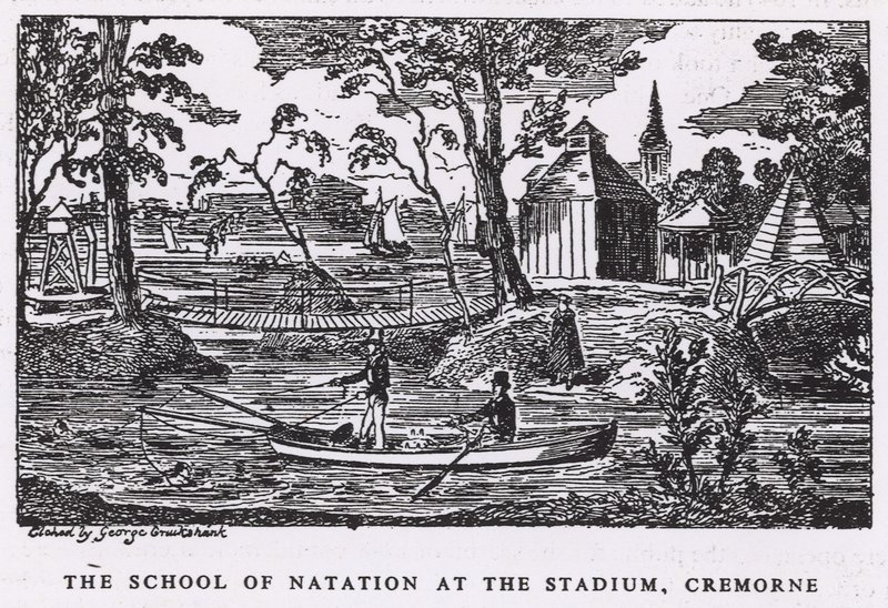 A School of Natation a stadionban, a Cremorne Gardensben alkotó: George Cruikshank