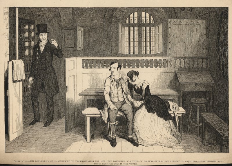 Az iszákos fiát életfogytiglani elszállításra ítélték. alkotó: George Cruikshank
