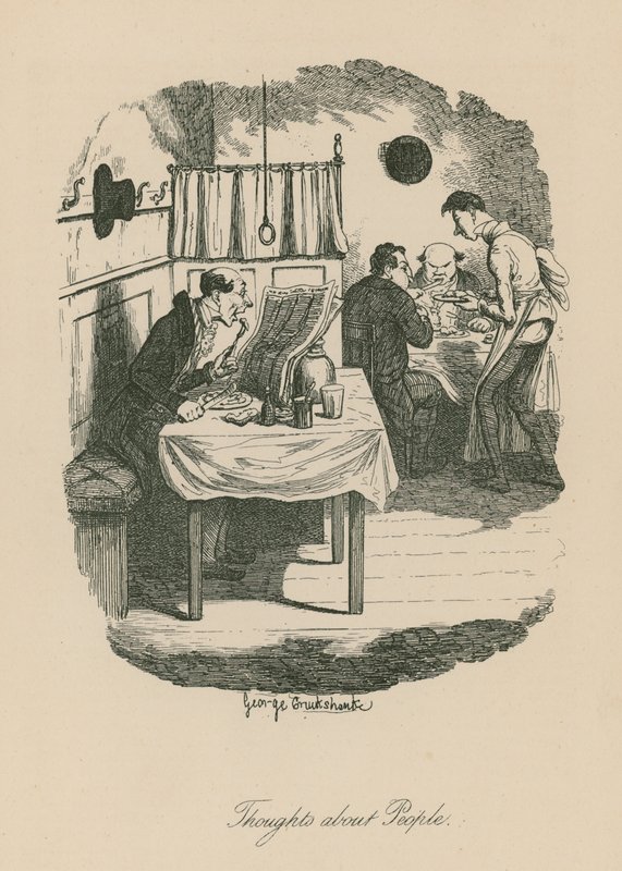 Gondolatok az emberekről, valószínűleg Boz Sketches (Charles Dickens) egyik jelenete alapján alkotó: George Cruikshank