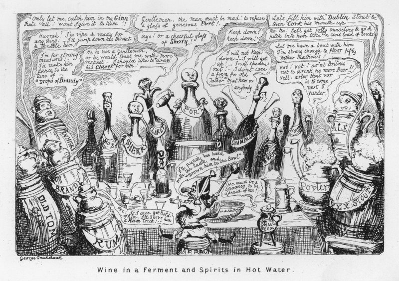 Bor erjesztésben és szeszes italok forró vízben (metszet) alkotó: George Cruikshank