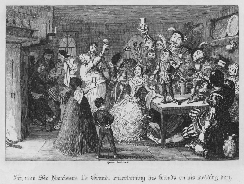 Xit, most Sir Narcissus Le Grand, barátait szórakoztatja az esküvő napján (metszet) alkotó: George Cruikshank