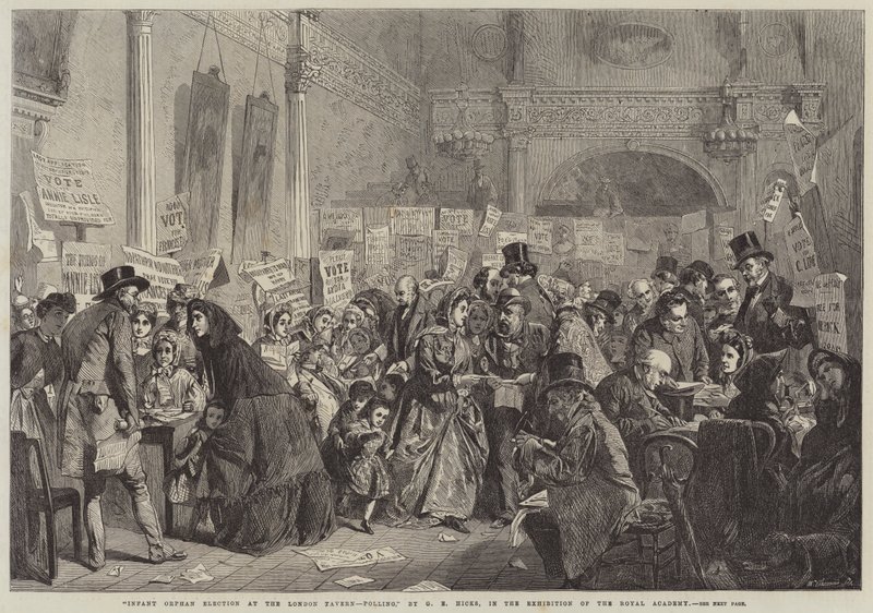 Csecsemő árva választás a London Tavernben, Polling alkotó: George Elgar Hicks