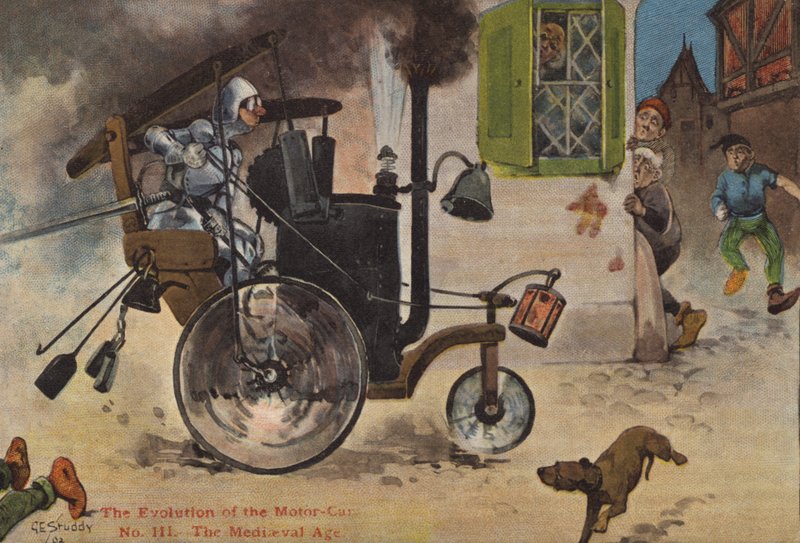 Az autó evolúciója: a középkor (színes litho) alkotó: George Ernest (after) Studdy