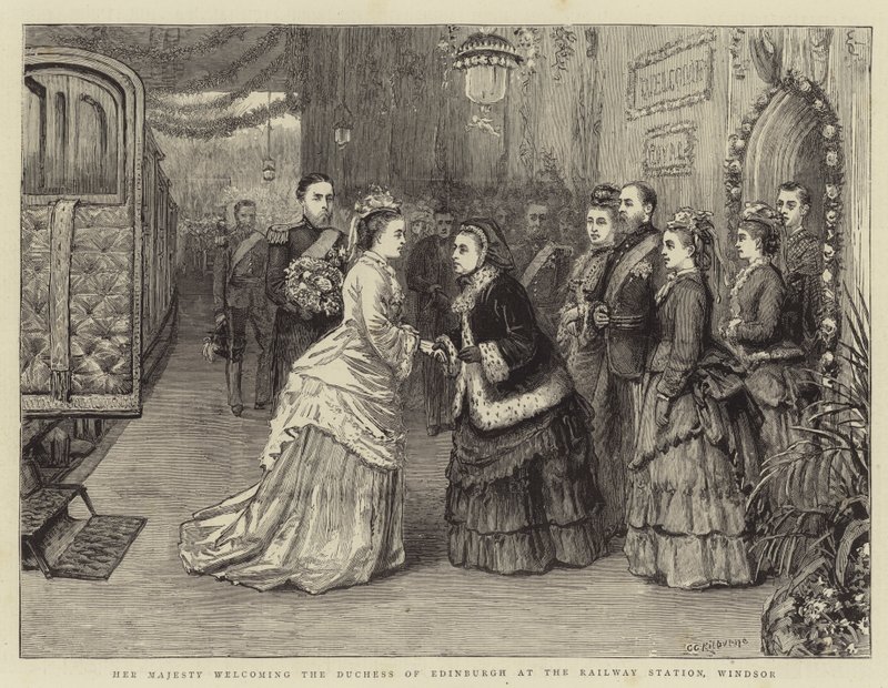 Őfelsége üdvözli Edinburgh hercegnőjét a windsori pályaudvaron alkotó: George Goodwin Kilburne
