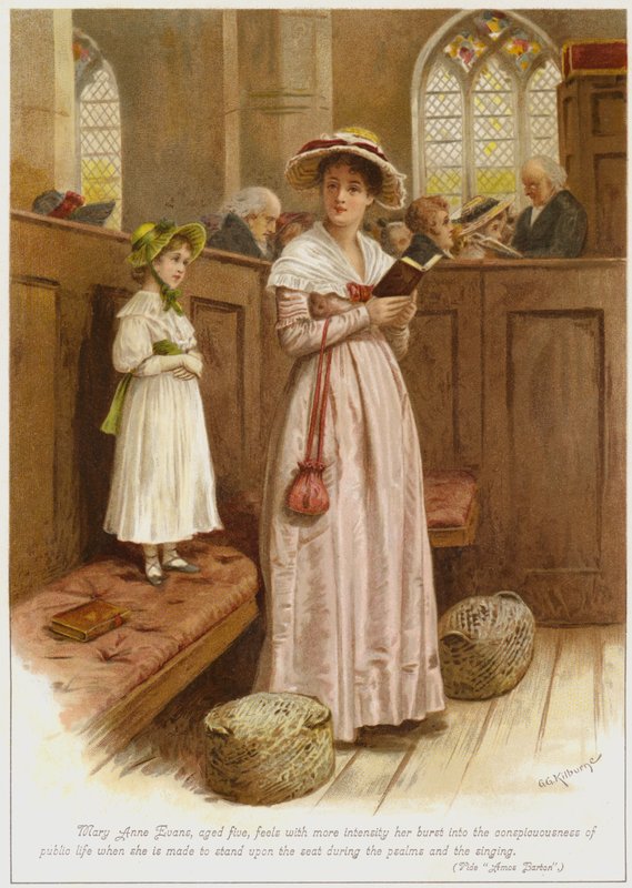 Az ötéves Mary Anne Evans egyre intenzívebben érzi, hogy berobban a közélet tudatába, amikor a zsoltárok és az éneklés közben az ülésre állítják. alkotó: George Goodwin Kilburne