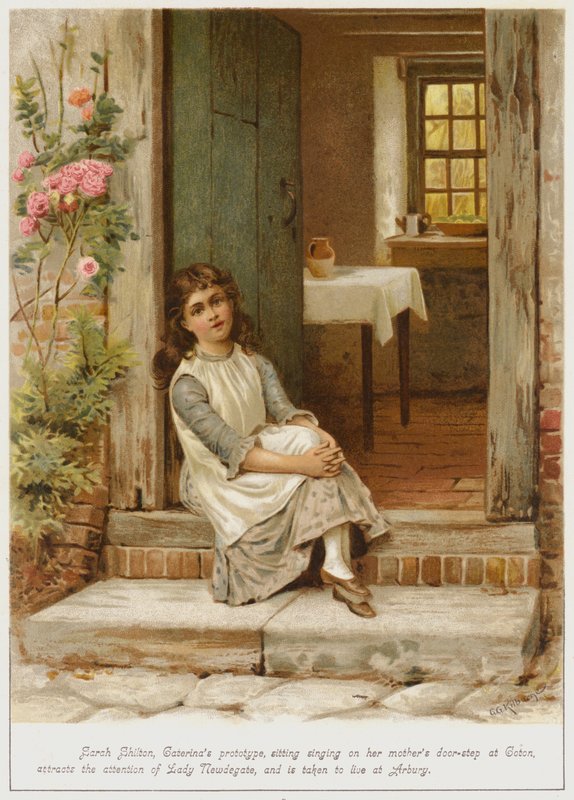 Sarah Shilton, a Caterinas prototípusa, aki énekel az anyja ajtóküszöbén Cotonban, felhívja Lady Newdegate figyelmét, és Arburybe viszik lakni. alkotó: George Goodwin Kilburne
