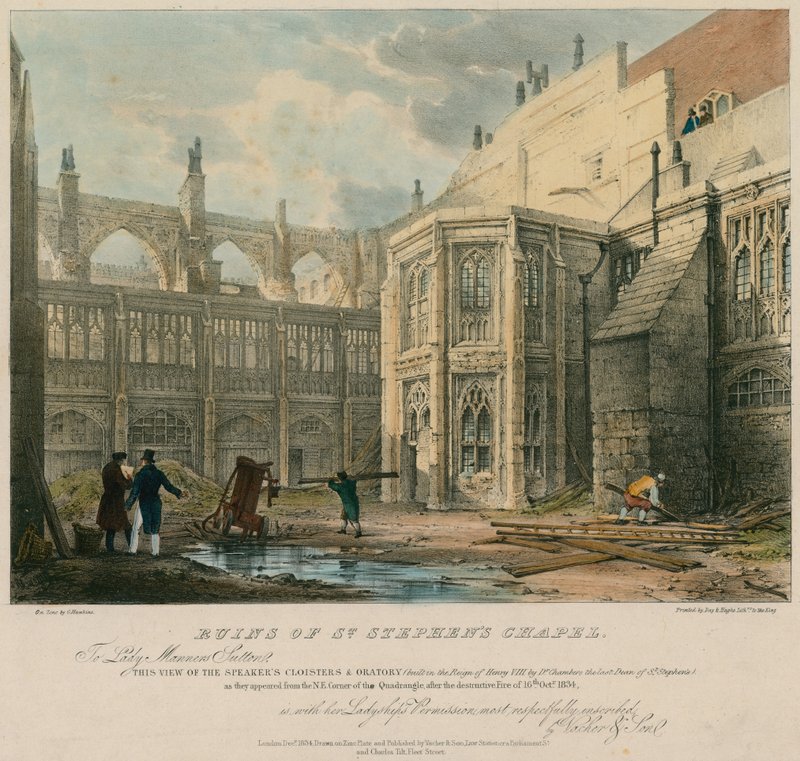 A Szent István-kápolna romjai az 1834. október 16-i pusztító tűz után alkotó: George Hawkins