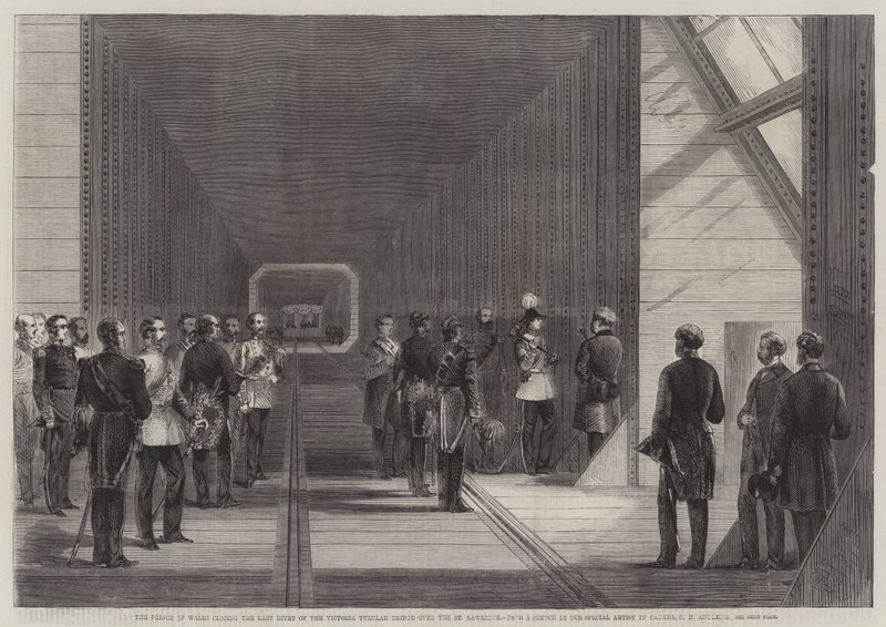A walesi herceg lezárja a Victoria Tubular Bridge utolsó szegecsét a Szent Lőrinc felett alkotó: George Henry Andrews