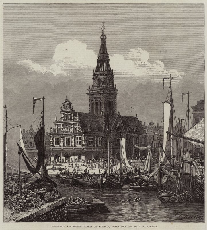 Városháza és vajpiac Alkmaarban, Észak-Hollandiában alkotó: George Henry Andrews