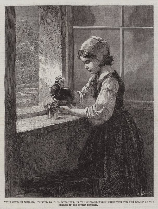 The Cottage Window, a Suffolk-Street kiállításon a szorongás enyhítésére a Cotton kerületekben alkotó: George Henry Boughton
