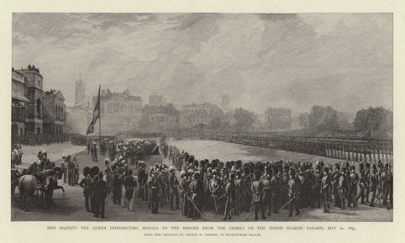 Őfelsége a királynő kitüntetéseket oszt ki a krími hősöknek a Horse Guards
