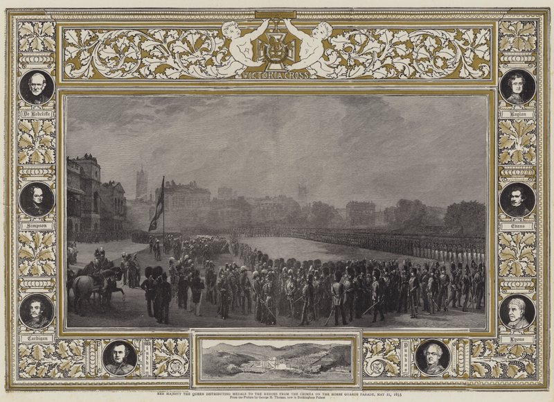 Őfelsége a Királynő érmeket oszt ki a Krím-félszigetről érkezett hősöknek a lovasőrök felvonulásán, 1855. május 21-én alkotó: George Housman Thomas