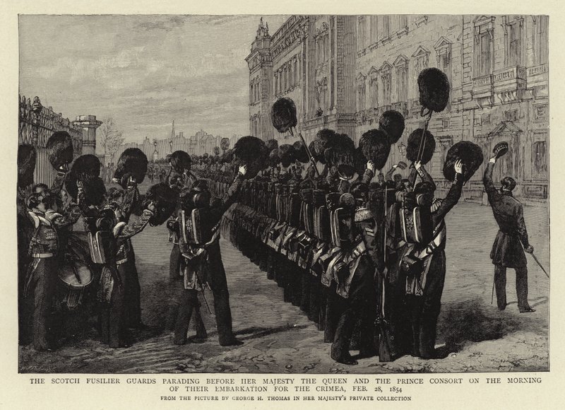 A skót Fusilier gárdisták Őfelsége, a királynő és a herceg hitvese előtt parádéznak a Krím-félszigetre való kihajózásuk reggelén, 1854. február 28-án alkotó: George Housman Thomas