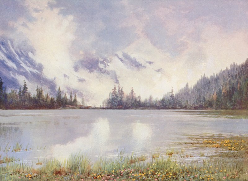 A Champex-tó felhőzetben május végén; Caltha palustris és Primula farinosa a vízparton (színes litho) alkotó: George Jackson Flemwell