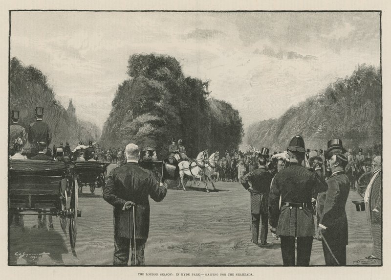 A londoni szezon: a Hyde Parkban, a Shahzada-ra várva (metszet) alkotó: George L. Seymour