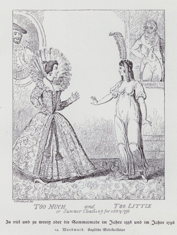 Túl sok és túl kevés, nyári ruhák 1556-ra és 1796-ra (litho) alkotó: George Moutard (after) Woodward
