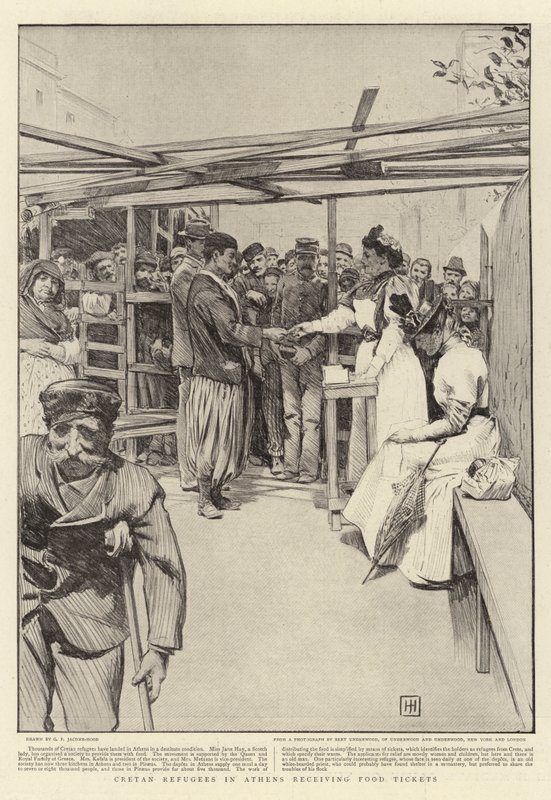 Az athéni krétai menekültek élelmezési jegyeket kapnak alkotó: George Percy Jacomb Hood