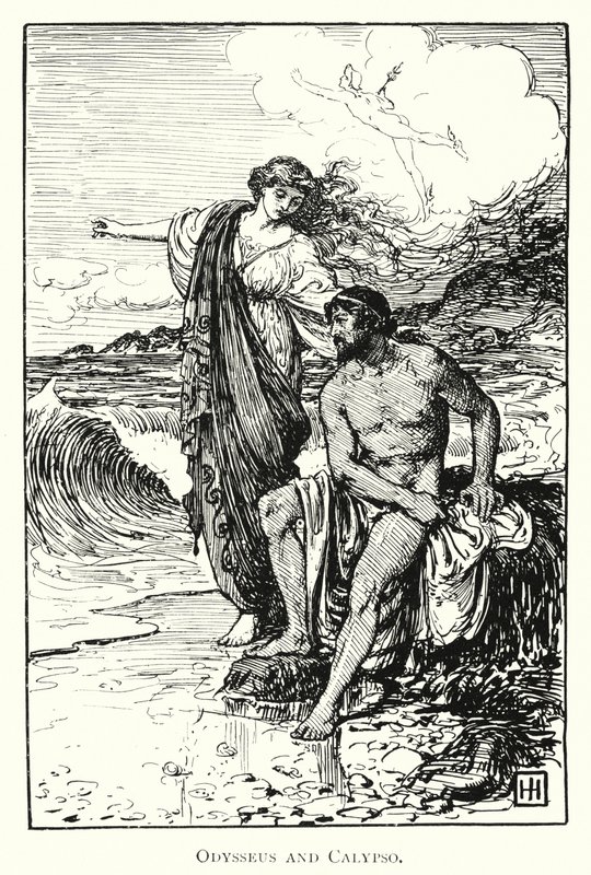 Odüsszea: Odüsszeusz és Calypso (metszet) alkotó: George Percy Jacomb Hood