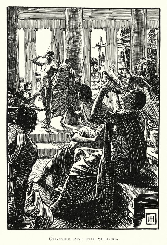 Odüsszeia: Odüsszeusz és az udvarlók (metszet) alkotó: George Percy Jacomb Hood