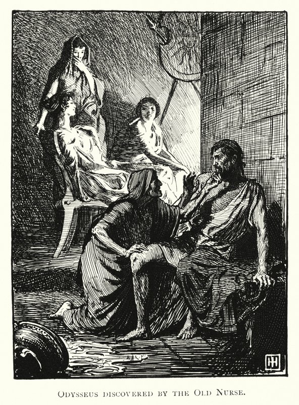 Odüsszeusz: Az öreg ápolónő által felfedezett Odüsszeuszt (metszet) alkotó: George Percy Jacomb Hood